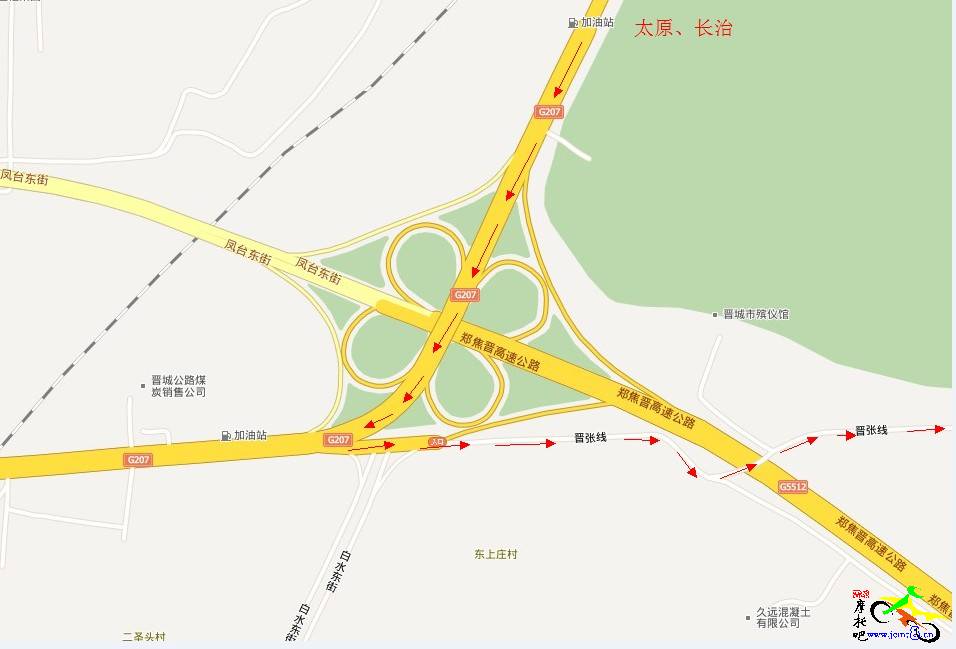 图是G207国道东上庄立交桥示意图，按箭头方向进入“晋张线